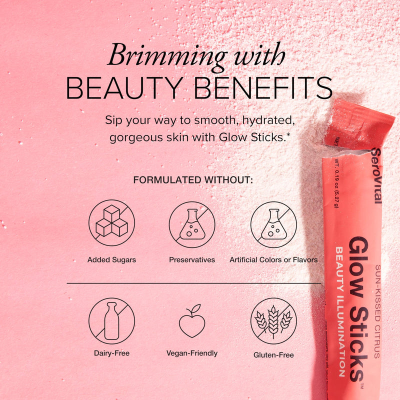 [Australia] - Serovital Glow Sticks Sugar-Free Powder Drink Mix with Hyaluronic Acid Ceramides Electrolytes for Skin Hydration in 14 Days Sun-Kissed Citrus Flavor 28 Packets 