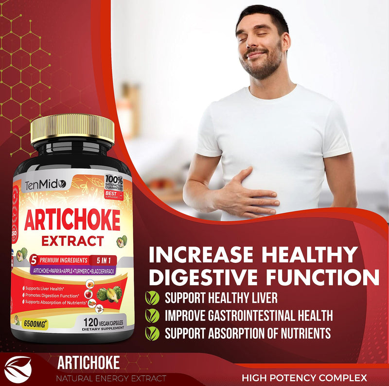 [Australia] - Artichoke Supplement Extract Capsules 6500mg, 4 Months Supply with Papaya, Apple Pectin, Turmeric Curcumin, Bladderwrack - Supports Digestion Function - 120 Vegan Capsules 