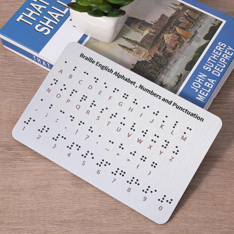 Braille Alphabet Board, Aluminum Letter Fingerboard Portable Teaching Aid Board Braille Gifts Alphabet Chart Visually Impaired Products for Beginners Blind Children Adults(Sliver)