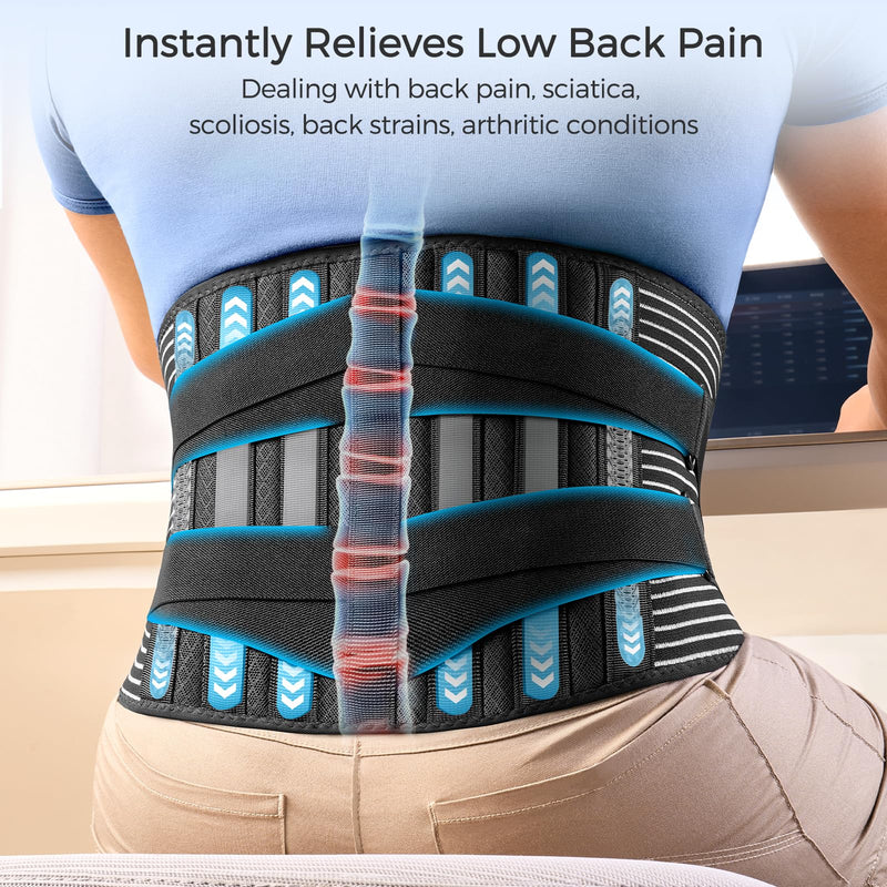 FREETOO Back Braces for Lower Back Pain Relief with 6 Stays, Breathable Back Support Belt for Men/Women for work , Anti-skid lumbar support belt with 16-hole Mesh for sciatica(L) Large (Pack of 1)