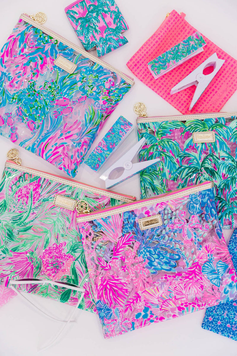 Lilly Pulitzer Water Resistant Vinyl Beach Day Pouch, Zipper Bag Includes Drink Hugger, Small Pouch, and Towel Clips Suite Views