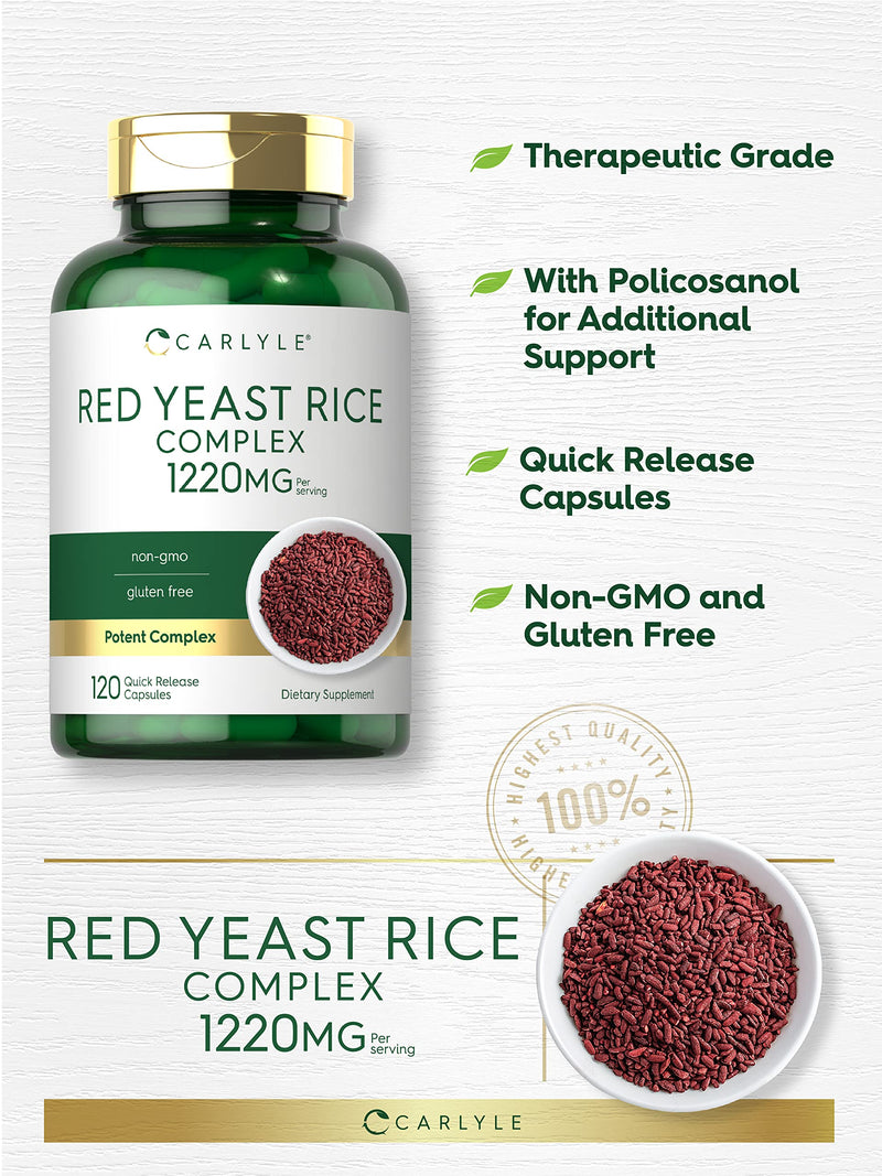 Carlyle Red Yeast Rice Complex | 1220mg | 120 Capsules | with Policosanol | Non-GMO and Gluten Free Supplement