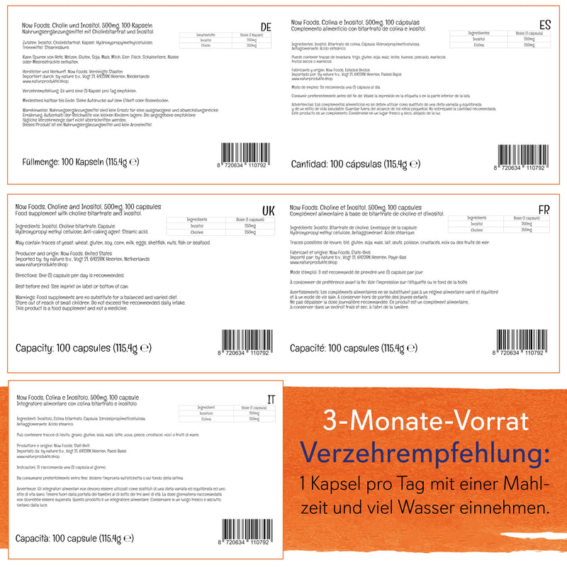 [Australia] - Now Foods, Choline & Inositol, 500 mg, 100 Vegan Capsules, Laboratory Tested, Vitamin B, Gluten Free, Soy Free, Vegetarian 