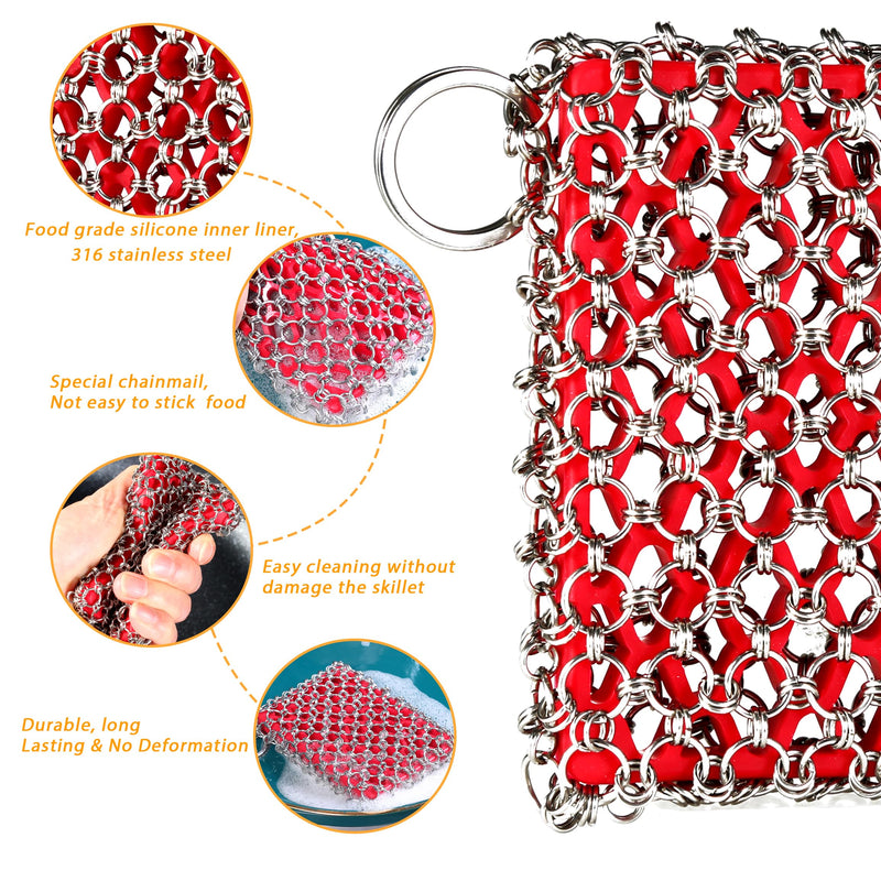 [Australia] - Cast Iron Scrubber, Skillet Chainmail Scrubber for Cast Iron Pan - Chain Mail Scrubber Cast Iron Sponge - Metal Scrubber Cast Iron Skillet Cleaner, Wok, frying pans, Dutch Oven Cleaning Scrubber 