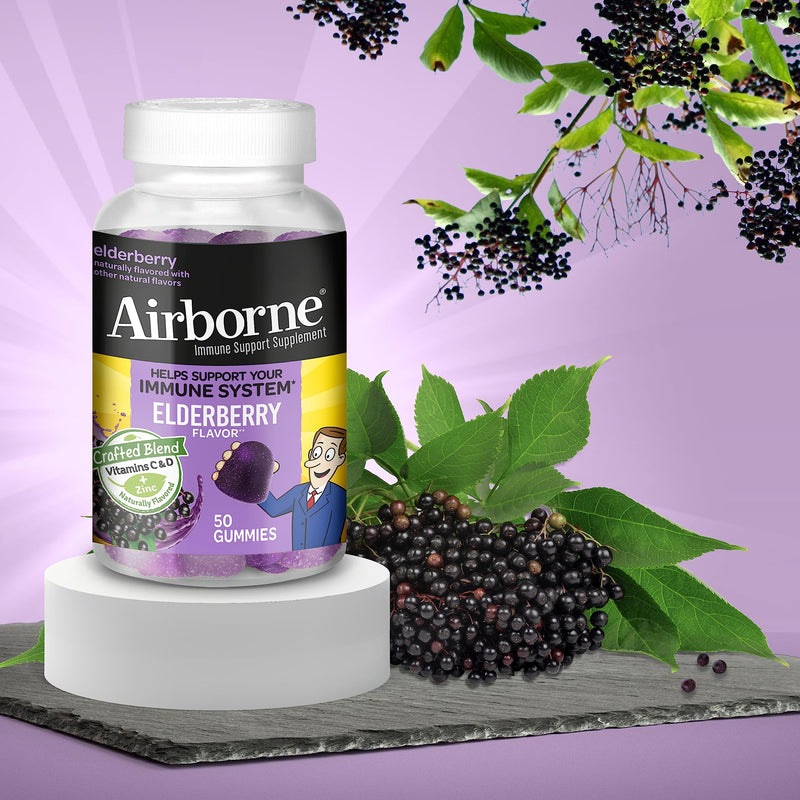 [Australia] - Airborne Elderberry + Zinc & Vitamin C Gummies For Adults, Immune Support Vitamin D & Zinc Gummies With Powerful Antioxidant Vitamins C D & E - 50 Gummies, Elderberry Flavor 50 Count (Pack of 1) Gummy 
