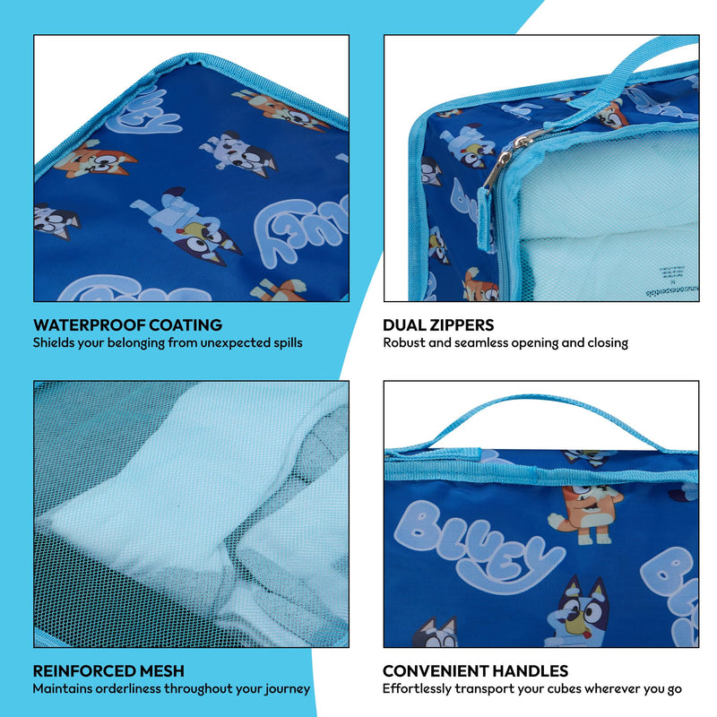 Bluey Packing Cubes for Kids - 5 Piece Luggage Organizer Set - Travel Accessories for Suitcase - Bluey Bingo Bandit Chilli Stripe Trixie - Packing Cube Set for Kids, Teens, Adults