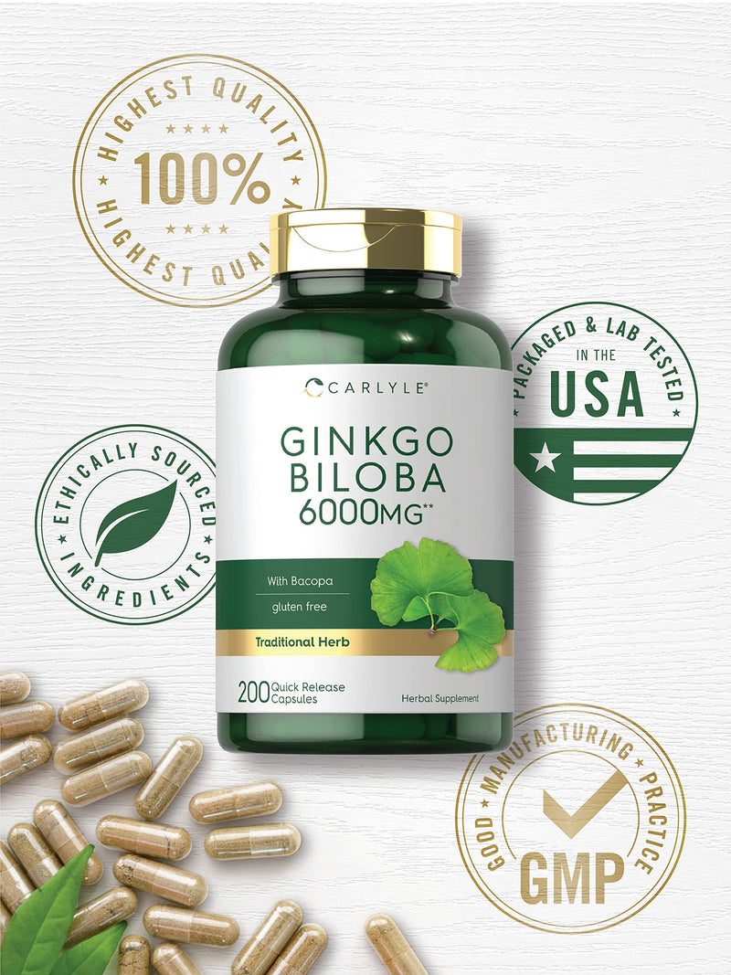 Carlyle Ginkgo Biloba Pills | 6000mg | 200 Capsules | Maximum Strength | Non-GMO, Gluten Free Supplement