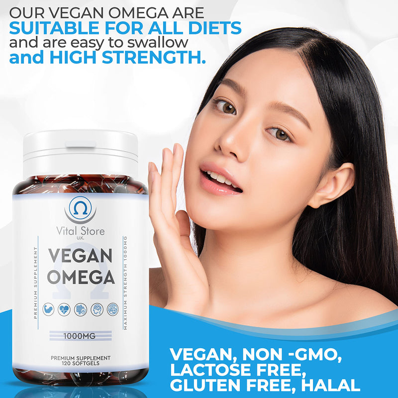 Vegan Omega 3 6 9, DHA & EPA Oil - 1000mg - 4 Month Supply 120 Soft gels - Naturaly sourced Algae Oil - High Strength