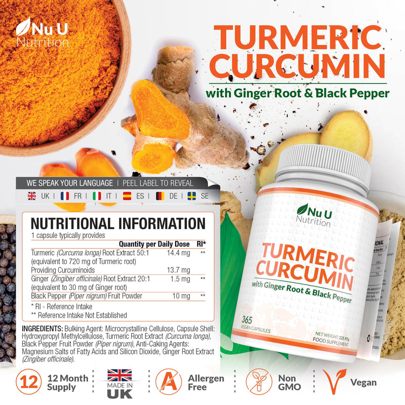 Turmeric and Black Pepper with Ginger Complex - 365 Vegan Capsules - 1 Year Supply - Tumeric Supplement Joints - High Strength Curcumin 95% Extract - Nu U Nutrition