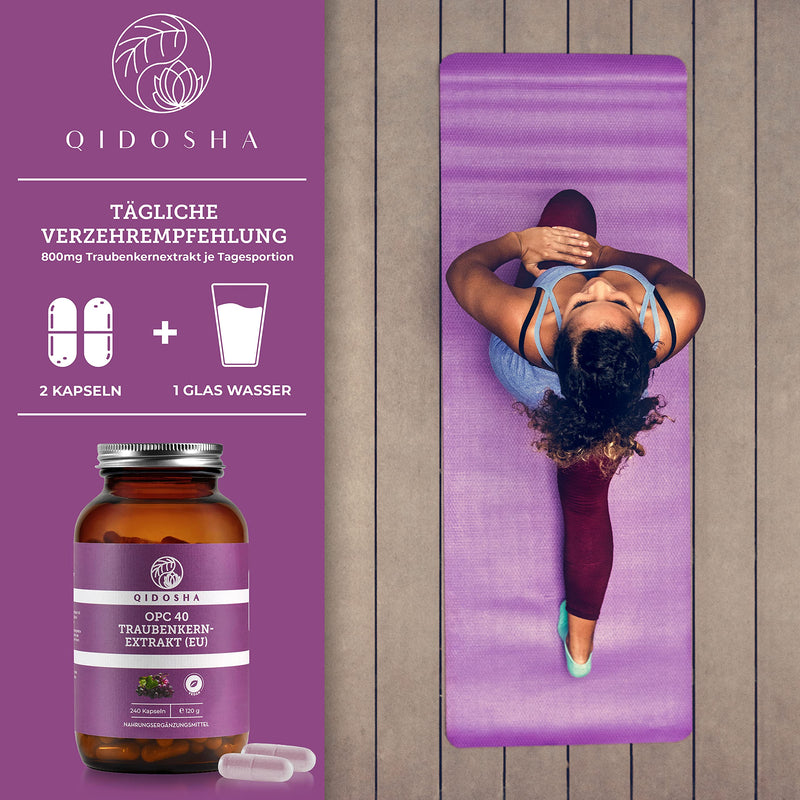 [Australia] - QIDOSHA® Premium OPC grape seed extract high dosage I TEST WINNER 08/2023* I 240 pieces in a glass I OPC capsules high dosage with 60% pure OPC I 800mg grape seed extract with 480mg OPC per daily dose I vegan glass (240 capsules) 