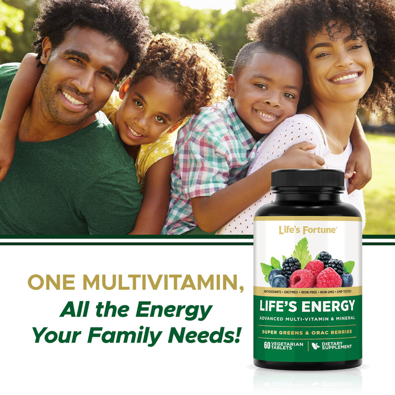Life's Energy Advanced Daily Multivitamin for Men & Women, Energy and Immune Support Supplement with Super Greens, Antioxidants, Enzymes - Iron Free, Vegetarian, 60 Tablets by Life's Fortune 60 Count (Pack of 1)