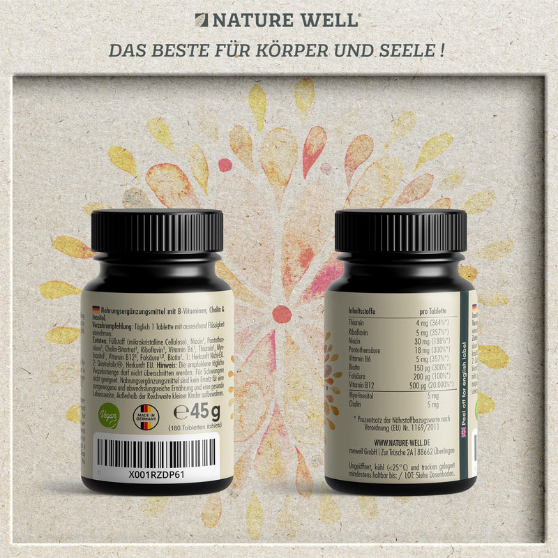 [Australia] - High-dose vitamin B complex - 180 tablets - all 8 essential B vitamins in bioactive form - with folic acid, choline & myo-inositol (co-factors), laboratory tested with certificate & vegan 1x 180 tablets 
