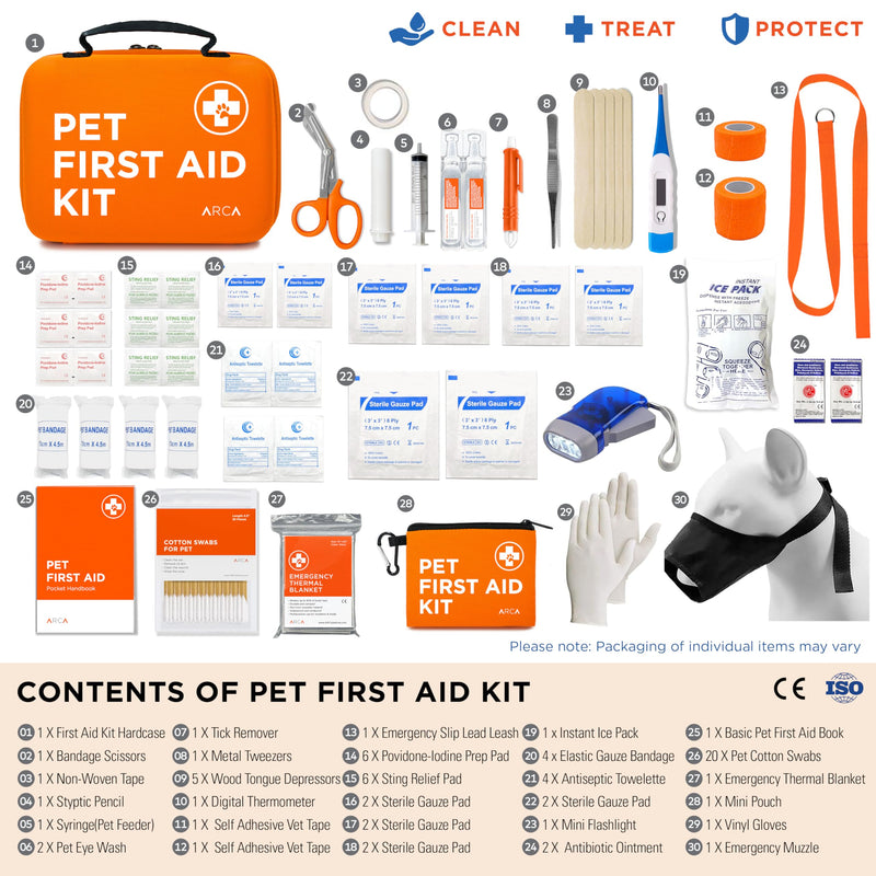 [Australia] - Cat & Dog First Aid Kit for Car - Pet Emergency Kit for Home Office Travel – Dog Camping Essentials with Digital Thermometer, Muzzle & Mini First Aid Pouch Neon Orange 