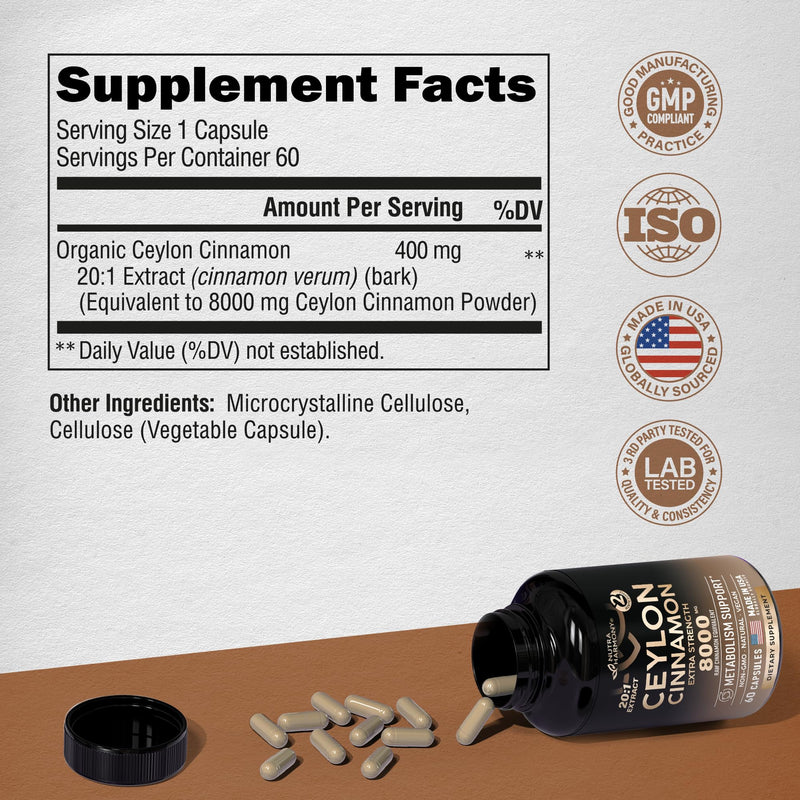 [Australia] - Ceylon Cinnamon Capsules - 8000 mg, Extra Strength - Made in USA - Energy, Heart & Metabolism Support - for Men & Women - Pure Natural Extract 20:1 Supplement - 60 Vegan Pills, 2 Month Supply 