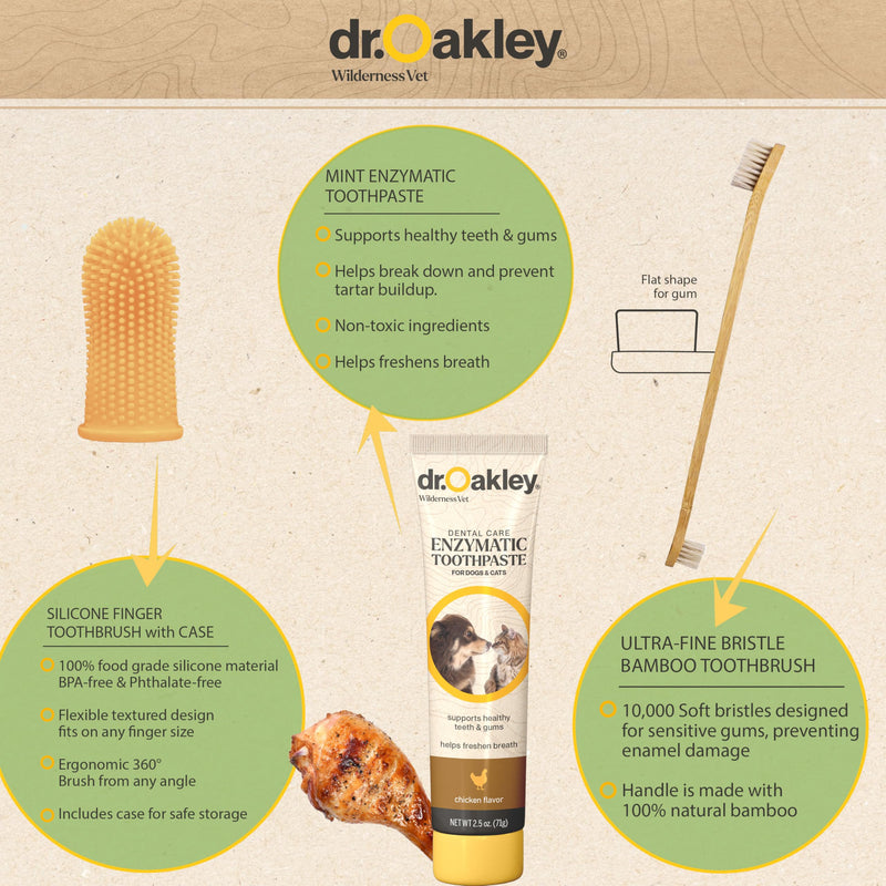 [Australia] - Total Dental Care Kit for Dogs & Cats – Chicken Flavor Enzymatic Toothpaste, Dual-Head Toothbrush & Finger Brush – Helps Reduce Tartar & Plaque – Vet Recommended – 3-Piece Set 