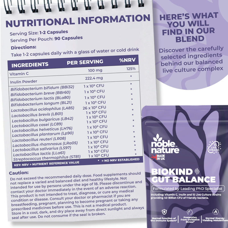 Noble Nature Biokind Gut Balance – 40 Billion CFU Friendly Bacteria - Bio Cultures Complex - 15 Strains - Lactobacillus & Bifidobacterium for Gut, Immune & Digestive Health with Inulin & Vitamin C 60