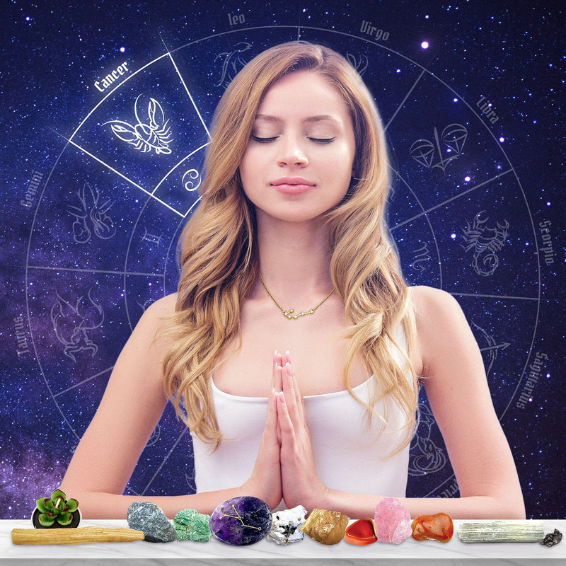[Australia] - DANCING BEAR Cancer Zodiac Healing Crystals Gift Set, (14 Pc): 9 Stones, 18K Gold-Plated Constellation Necklace, Meteorite, Succulent Candle, Palo Santo Smudge Stick, and Info Guide, Made in The USA 