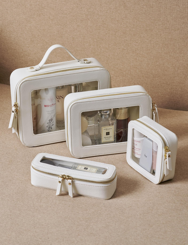 Clear Makeup Case White Toiletry Bag with Zipper, Small Cosmetic Bag for Purse, Mini & Medium Size