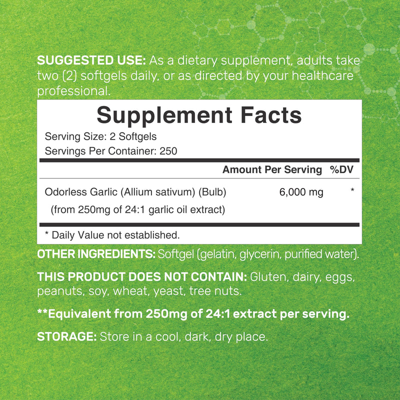 [Australia] - DEAL SUPPLEMENT Odorless Aged Garlic Pills, 6,000mg Per Serving, 500 Softgels – 24:1 Garlic Oil Extract – Fresh Allium Sativum Bulb Source – Heart & Immune Antioxidant Supplements – Non-GMO 