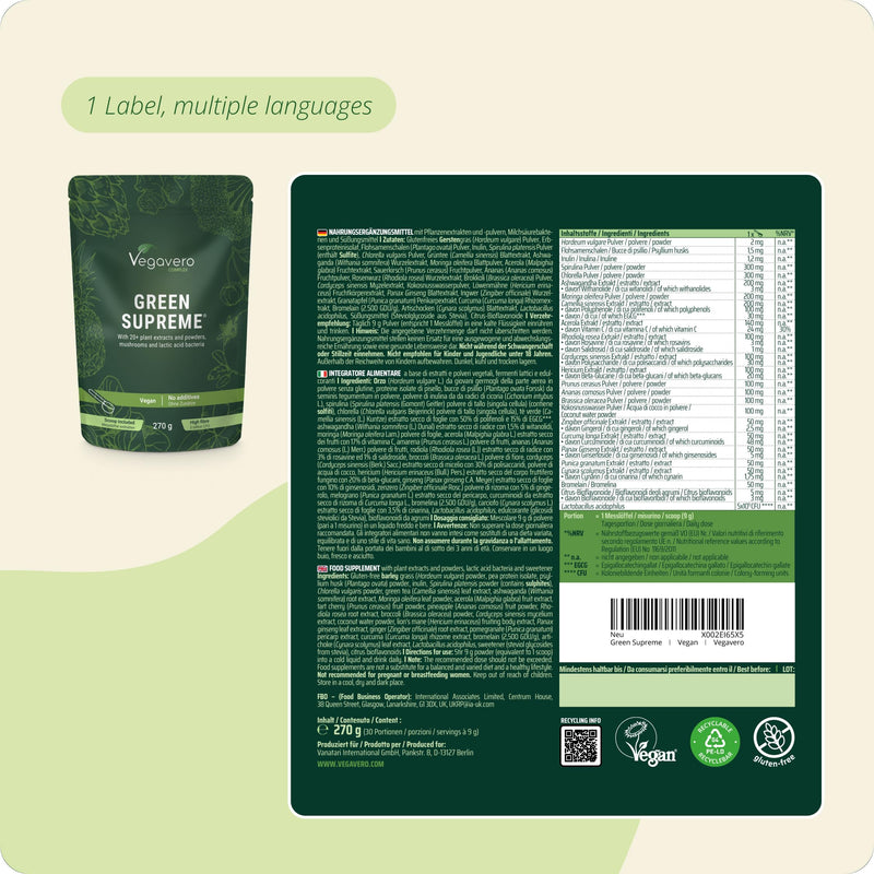 Vegavero Super Greens Powder | 20+ Superfood Ingredients | Morning Complete | Adaptogens, Mushrooms, Algae, Probiotics & Fibre | with Standardised Extracts | Vegan & Gluten-Free