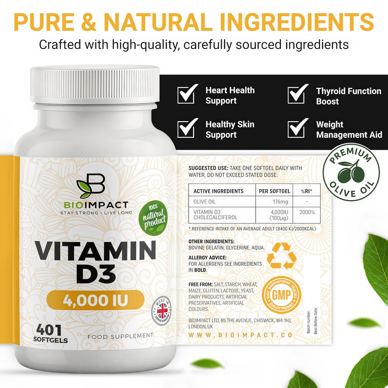 Vitamin D3 4,000 IU Softgel Tablets | High Strength | Premium Olive Oil | 401 Easy to Swallow Softgels | 1 Year+ Supply | Supports Immune System | Non-GMO & Gluten-Free | UK Manufactured