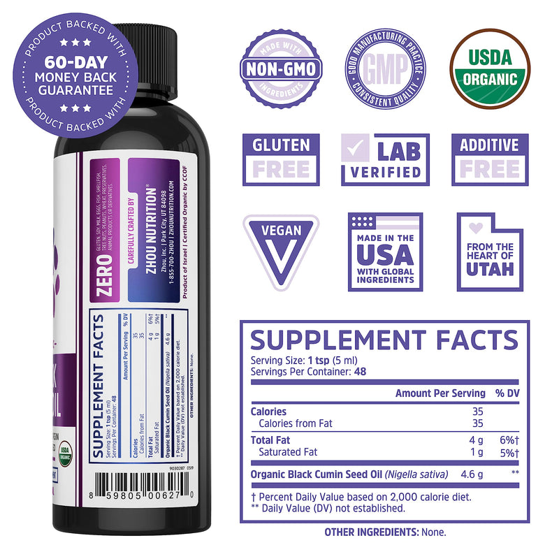 [Australia] - Zhou Organic Black Seed Oil | 100% Virgin Cold Pressed Omega 3 6 9 | Super Antioxidant for Immune Support, Joints, Digestion, Hair & Skin | Vegan, Gluten-Free, Non-GMO | 8oz Liquid 