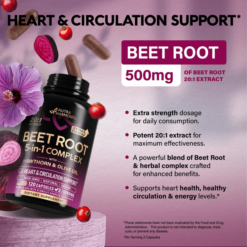 Beet Root Capsules - Healthy Blood Pressure Support Supplement** - 120 Caps | Beet Root for Heart & Circulation Support for Men & Women - with Hawthorn Berry, Hibiscus & Garlic - Nitric Oxide for Energy 120 Count (Pack of 1)