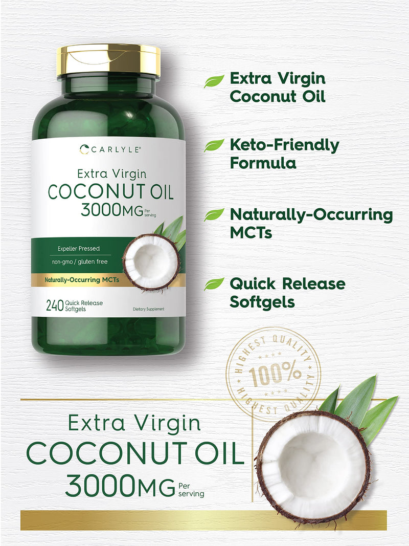 Carlyle Coconut Oil Extra Virgin Softgel Capsules | 3000mg | 240 Count | Naturally Occurring MCTs | Non-GMO and Gluten Free Supplement