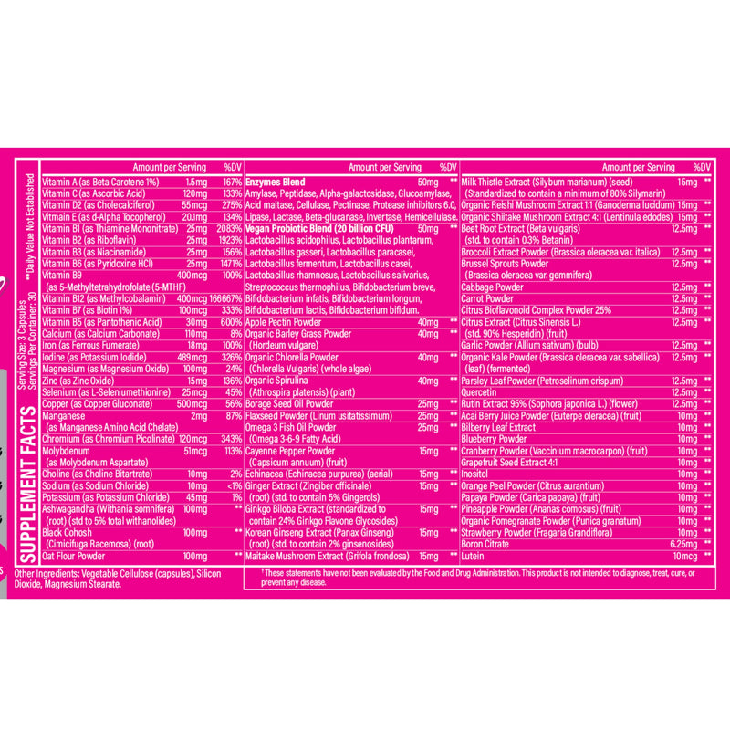 Whole Food Multivitamin for Women Womens Multi Vitamin with Folate, B12 Methyl, Vitamins, Minerals, Probiotics and Omegas, Vegan, Non GMO- 90 Capsules (1) (1) 1