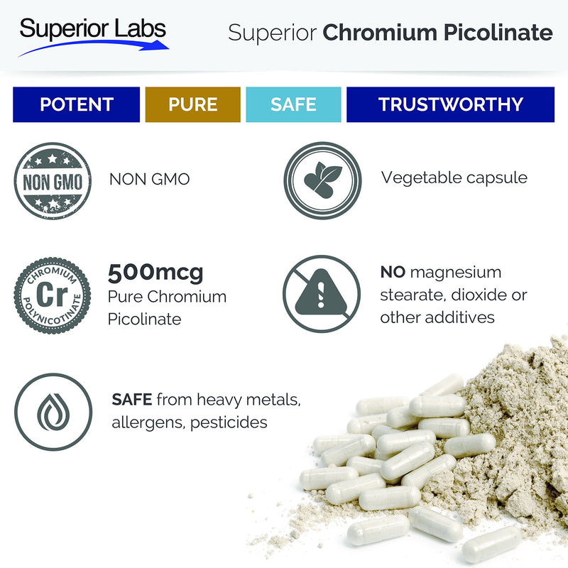 [Australia] - Superior Labs Chromium Picolinate 500mcg, High Absorption, Non-GMO, Blood Sugar & Metabolism Support, Weight and Food Craving Management, Helps Energy & Insulin Sensitivity, 120 Veg Caps 
