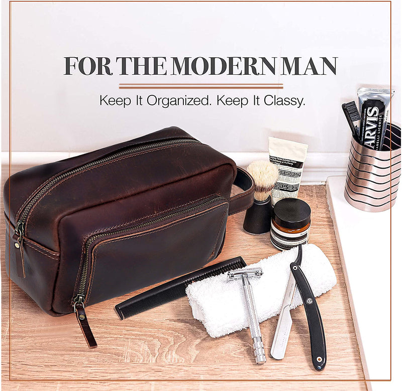 Men's Toiletry Bag Leather Travel Toiletry Bag Dopp Kit for Men Shaving Bag for Travel Accessories 101 YEAR QUALITY REPLACEMENT WARRENTY Dark Chocolate Brown