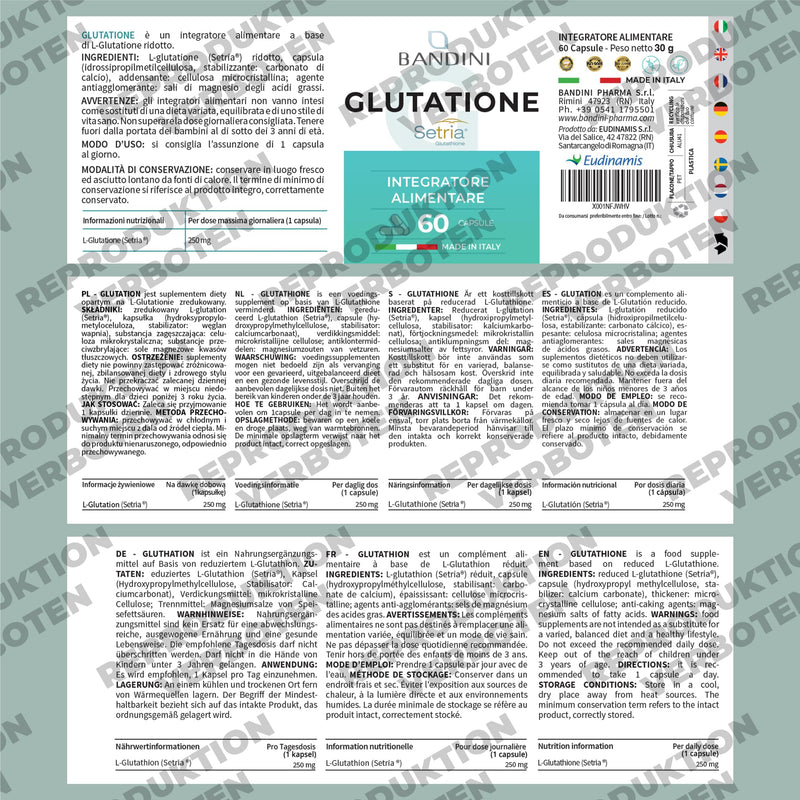 [Australia] - Bandini® L-Glutathione reduced 250mg | Glutathione Setria® Tripeptide: Glutamic Acid, Cysteine, Glycine | Antioxidant, immune system, liver | High-dose, laboratory-tested, GMO-free, vegan, kosher | 60 capsules 