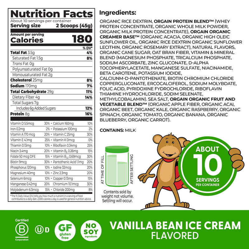 Orgain Kids 8g Grass-Fed Dairy Protein Powder, Vanilla Bean Ice Cream, 1lb | Powder shake mix, 4g fiber, 22 vitamins & minerals, gluten free, no soy, adds nutritents to snacks, for shakes & smoothies 15.9 Ounce (Pack of 1)
