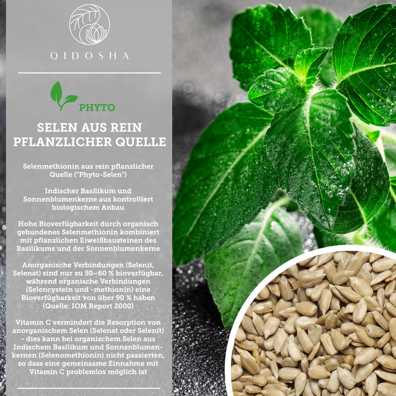 [Australia] - QIDOSHA® organic selenium high dose, 180 capsules, 55 mcg (100% NRV) vegetable selenium per capsule made from organic Indian basil and organic sunflower seeds, selenium methionine, supplemented with organic acacia fiber 