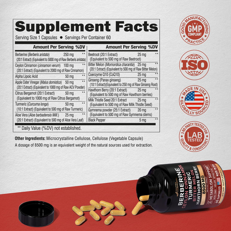 [Australia] - Berberine with Ceylon Cinnamon 10000 mg with Apple Cider Vinegar | Hawthorn Berry | Citrus Bergamot | Bitter Melon - 15-in-1 Supplement for Heart Support, Metabolism & Energy - Vegan, 60 Capsules 