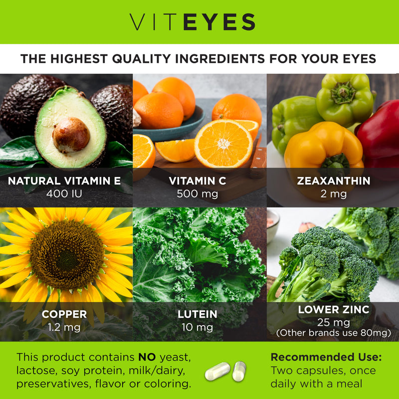 [Australia] - Viteyes AREDS 2 Eye Vitamins, Classic Macular Support, Allergen Free Capsules, with Natural Vitamin E, Vitamin C, Zinc, Copper, Lutein & Zeaxanthin, Eye Doctor Trusted, Manufactured in The USA, 180 Ct 180 Count (Pack of 1) 