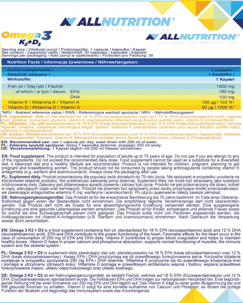 [Australia] - ALLNUTRITION OMEGA 3 K2 D3 is a high quality supplement containing fish oil and vitamins K2 and D3. 