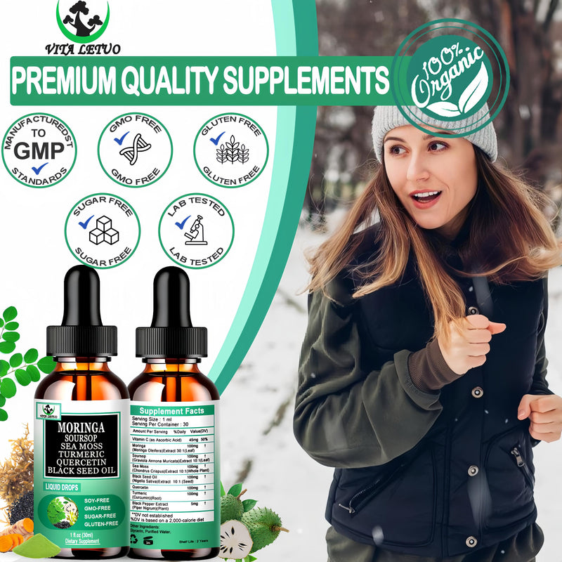 Moringa Drops,Pure Moringa Oleifera Liquid Extract with Soursop Sea Moss Black Seed Oil Quercetin Turmeric - Multimineral&Vitamins Superfood Drops for Energy Immune,Digestive,Cell Support,30 Serving