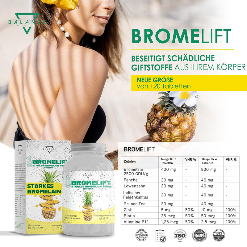 [Australia] - BROMELIFT® Bromelain 2500 GDU/g (DETOX DRAINAGE DIET INCLUDED) - 120 TABLETS | Bromelain high dose | 5,000 FIP high dose | Bromelain capsules, detox treatment, with fennel, green tea, vegan 