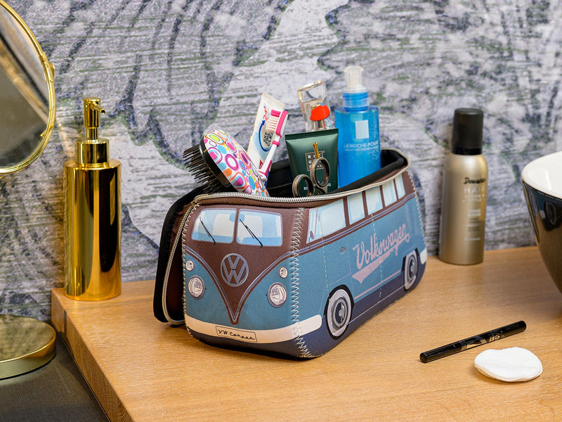 BRISA VW Collection - T1 Bus Camper Toiletry Bag Cosmetic Case | Volkswagen Toiletry Bag Cosmetic Case, Water-Repellent, Hanging Hook, 4 Mesh Pockets, Travel, Neoprene, Petrol/Brown Large Large (11.8 X 5.5 X 4.7 Inches)