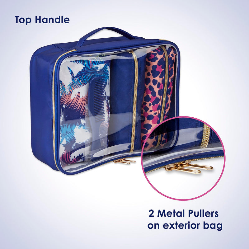 Conair 5 Piece Toiletry and Cosmetic Bag Set Under $30, Includes 4 Makeup Bags and 1 Travel Comb in Blue Palm Prints (Pack of 2) 1 Count (Pack of 2)