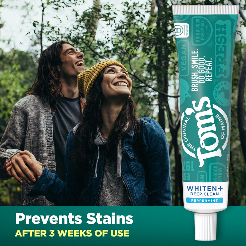 Tom's of Maine Whiten Plus Deep Clean Whitening Toothpaste, Natural Whitening Toothpaste with Plant-Based Cleansers, Enamel Safe, Whitens Without Causing Sensitivity, Peppermint, 4.0 oz (Pack of 3) Peppermint - Fluoride 4 Ounce (Pack of 3)