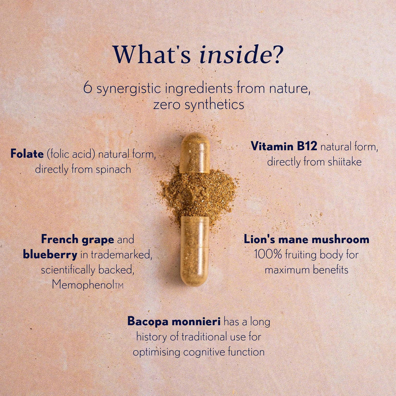 Higher Nature - True Food Clarity for Women - Nootropic - Support for Mental Clarity, Energy, Wellbeing & Cognitive Function - Lion's Mane & Vitamin B12 - Vegan - One Month Supply - 60 Capsules