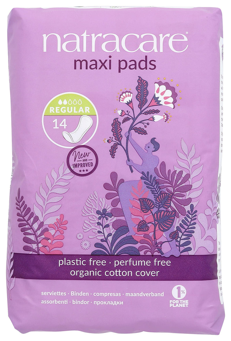 [Australia] - Natracare Natural Traditional Style Maxi Pads, Regular, Individually Wrapped, Without Wings in Plant-Based Bag (1 Pack, 14 Pads Total) 14 Count (Pack of 1) 