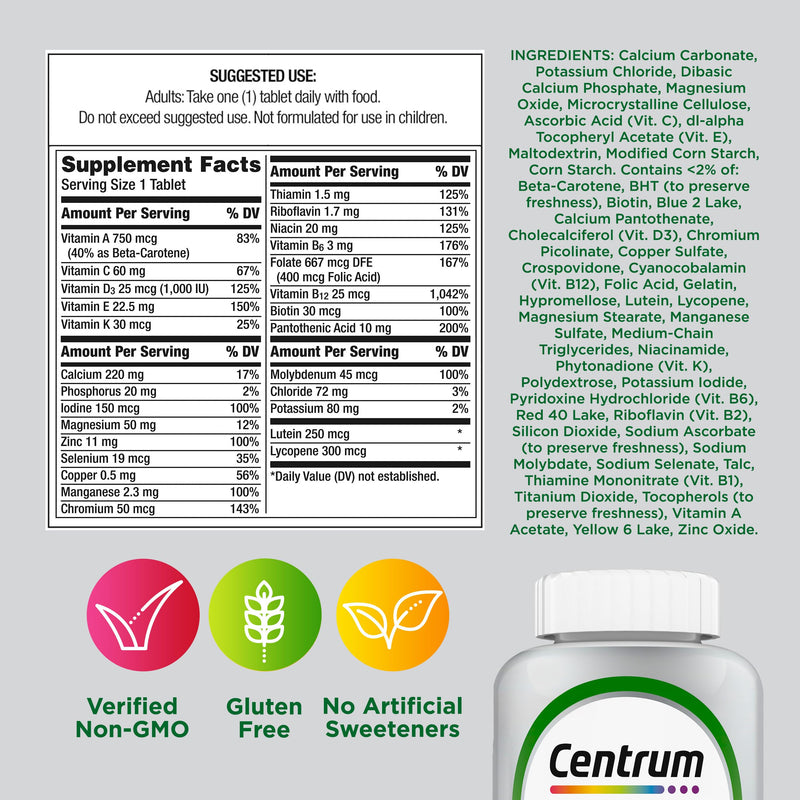 Centrum Silver Multivitamin for Adults 50 and Over, 220 Tablets | Contains Vitamin D3, B Vitamins, Clinically Proven to Support Memory as You Age, GLP-1 Support 220 Count (Pack of 1)