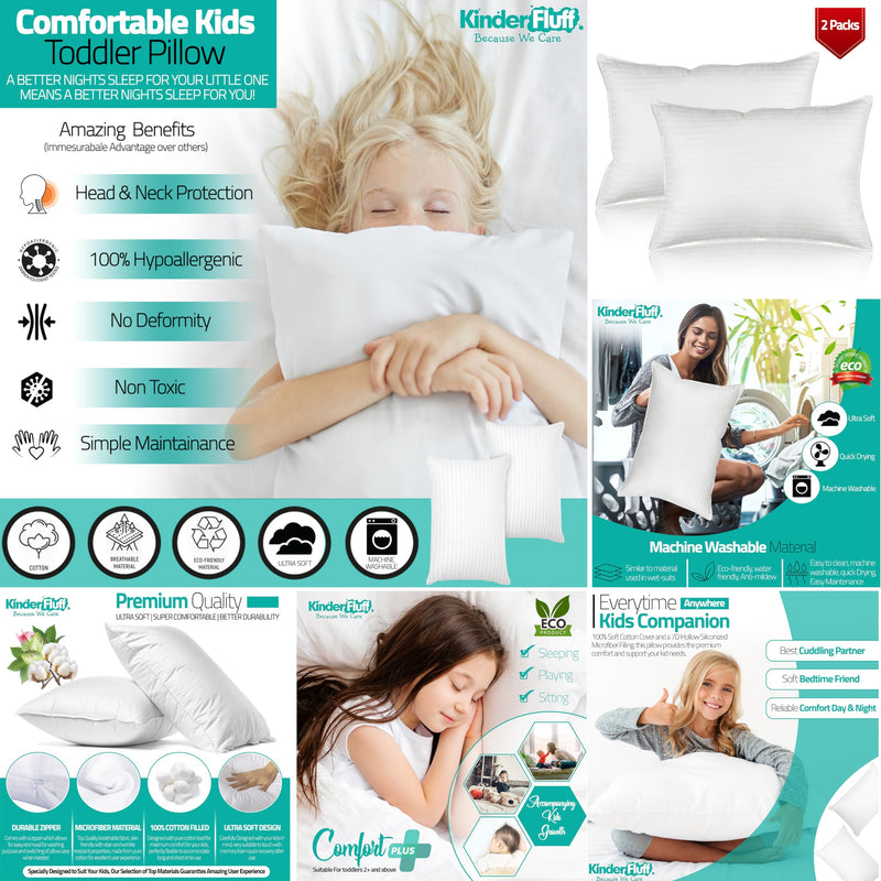 [Australia] - kinder Fluff Toddler Pillow (2X) 14x20in Small Sateen Stripe Pillow 300T Cotton & Down Alternative Fill for Children above 4 14x20in (Pack of 2) White With Sateen Stripes 