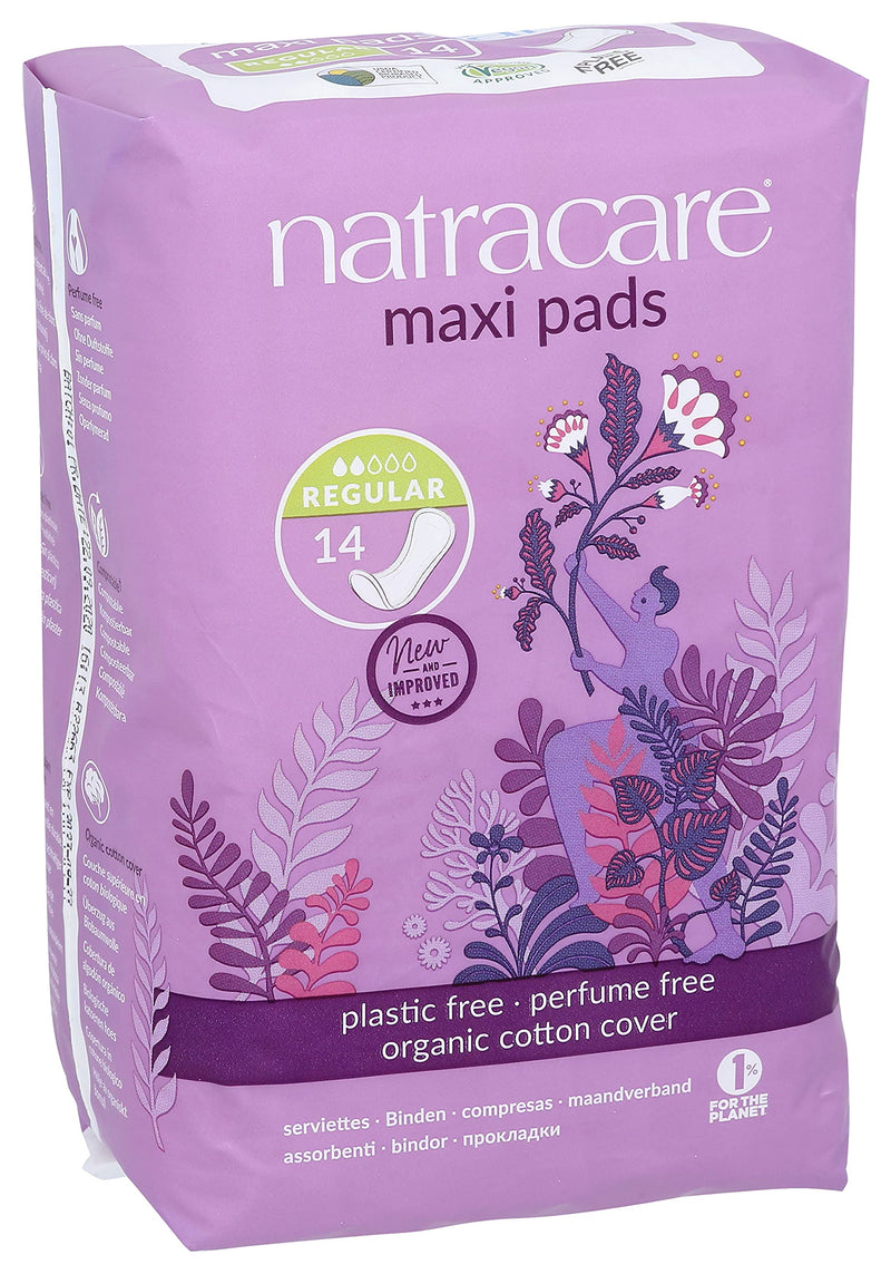 [Australia] - Natracare Natural Traditional Style Maxi Pads, Regular, Individually Wrapped, Without Wings in Plant-Based Bag (1 Pack, 14 Pads Total) 14 Count (Pack of 1) 