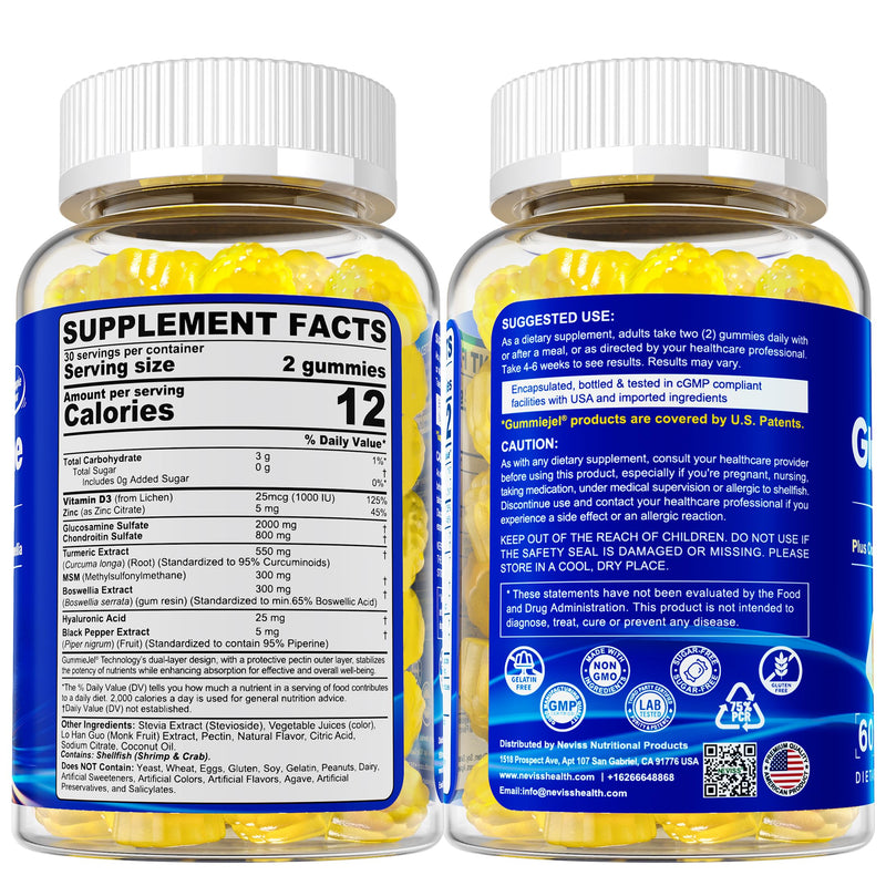 NEVISS Glucosamine Chondroitin Gummies with MSM & Turmeric, Sugar Free | Extra Strength Glucosamine Supplement with Boswellia, Hyaluronic Acid, Vitamin D3 & Zinc, Pineapple Flavor, 120Cts 60 Count (Pack of 2)