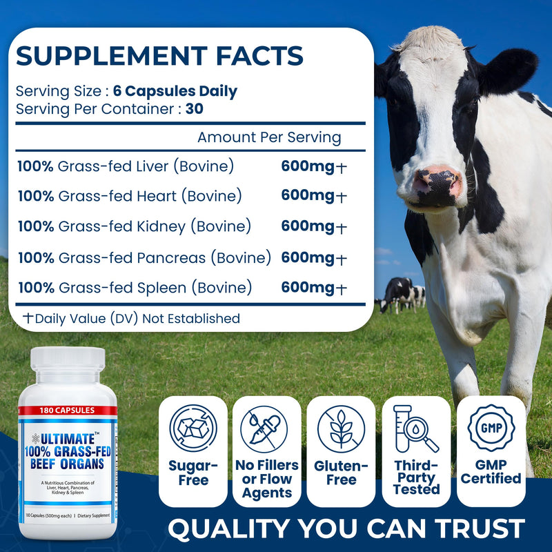 Ultimate 100% Grass Fed Beef Organs Supplement Supports Energy & Whole Body Wellness* with a Complex of Desiccated Beef Liver, Heart, Kidney, Pancreas & Spleen. Pesticide Free & Non-GMO, 180 Capsules