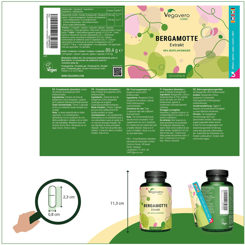 [Australia] - Bergamot capsules | 1250 mg extract (15:1) per daily dose | 40% bioflavonoids | Citrus Bergamot | Laboratory tested | Vegan - without additives | 120 pieces | German production of Vegavero® 